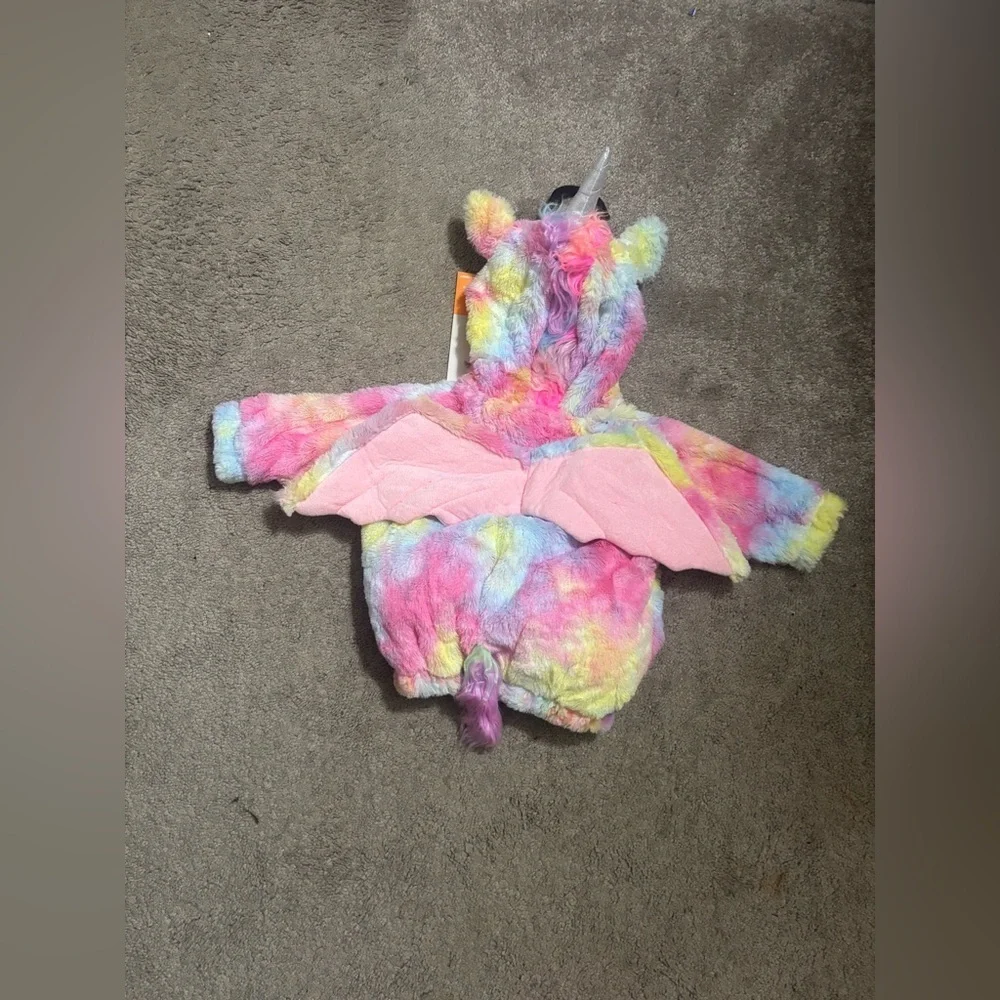 NEW Infant Girls Pink Yellow & Orange Hooded Pullover Plush Unicorn 0-6Months